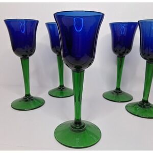 Vintage Cobalt Blue & Emerald Green Cordial Glasses Set of 6 Long Stem Liqueur